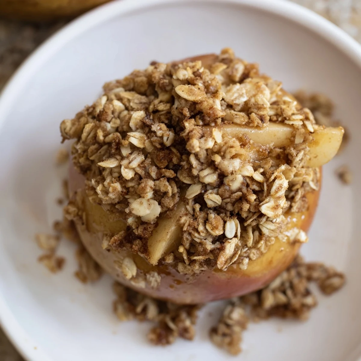 Golden-brown Baked Apples with Oat-Nut Crumble, a comforting fall dessert, ready to enjoy.