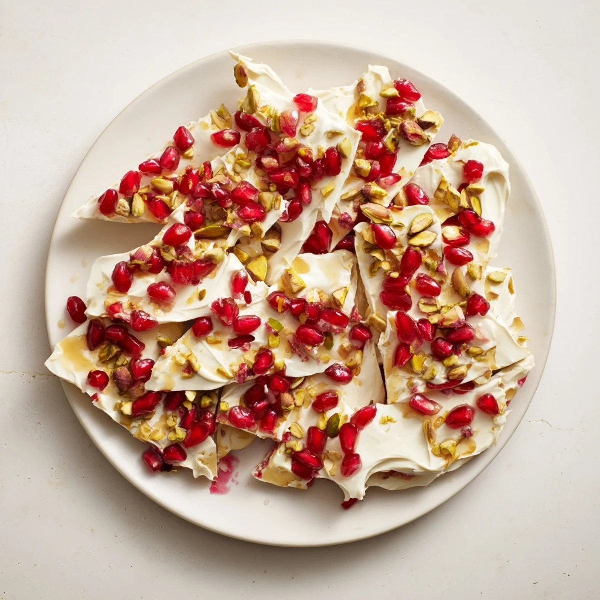 Colorful Frozen Yogurt Bark with pomegranate and pistachios, a cool and creamy dessert.