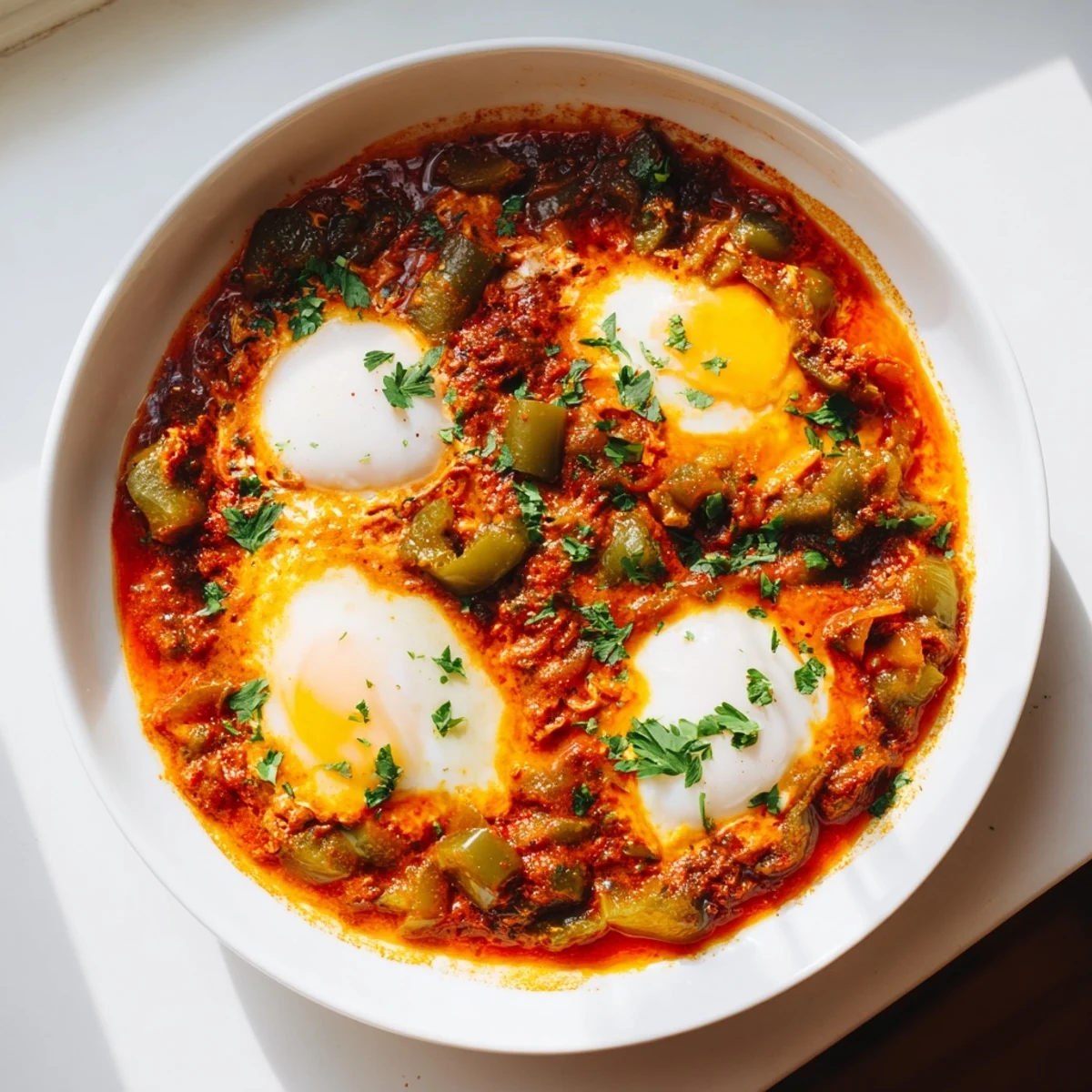 Warm Shakshuka, ready to serve with crusty bread, featuring bright yellow egg yolks.