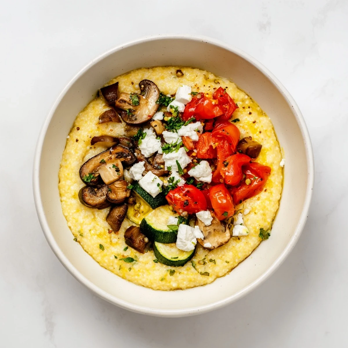 Creamy cornmeal mush polenta bowls topped with roasted vegetables, ready to eat and enjoy.
