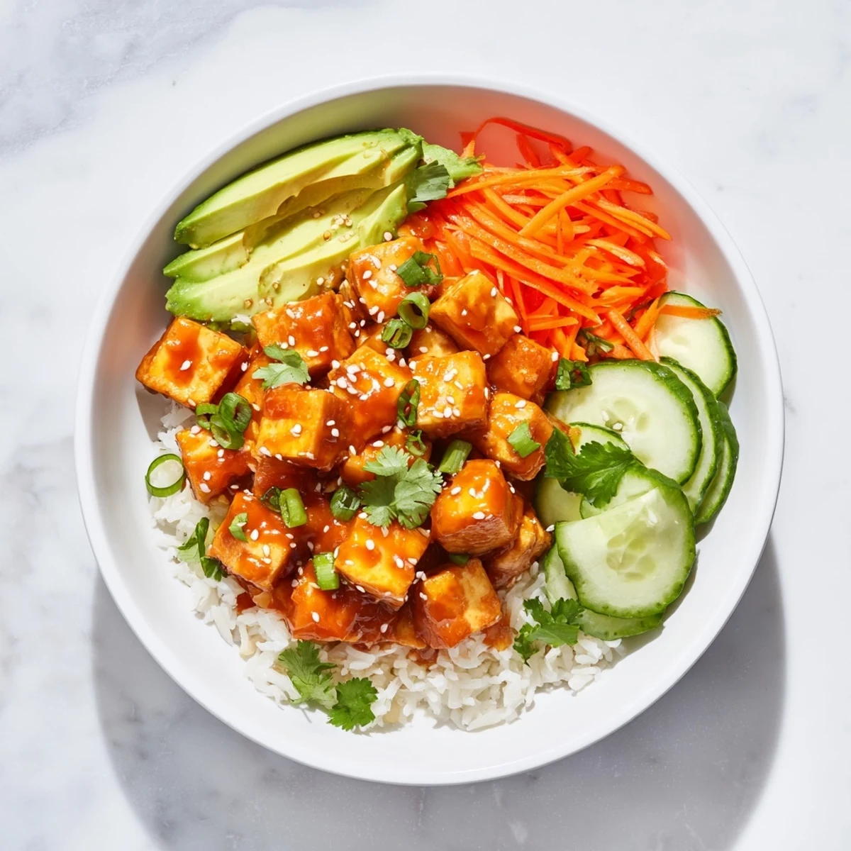 Chili-Mayo Baked Tofu Bowls: Crispy, golden tofu glistening with chili-mayo sauce, a delightful vegetarian meal.