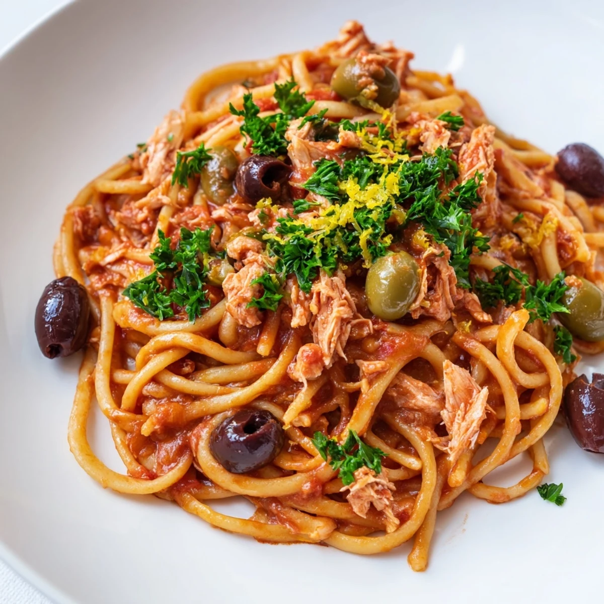 Flaky tuna, briny olives, and capers mingle in this savory Pasta with Tuna, Olives & Capers recipe.
