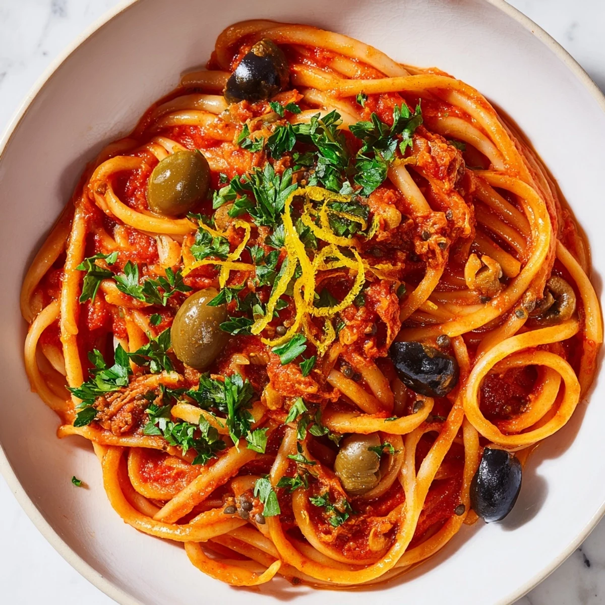 Pasta with Tuna, Olives & Capers: a close-up of a colorful, Mediterranean pasta dish, ready to eat!