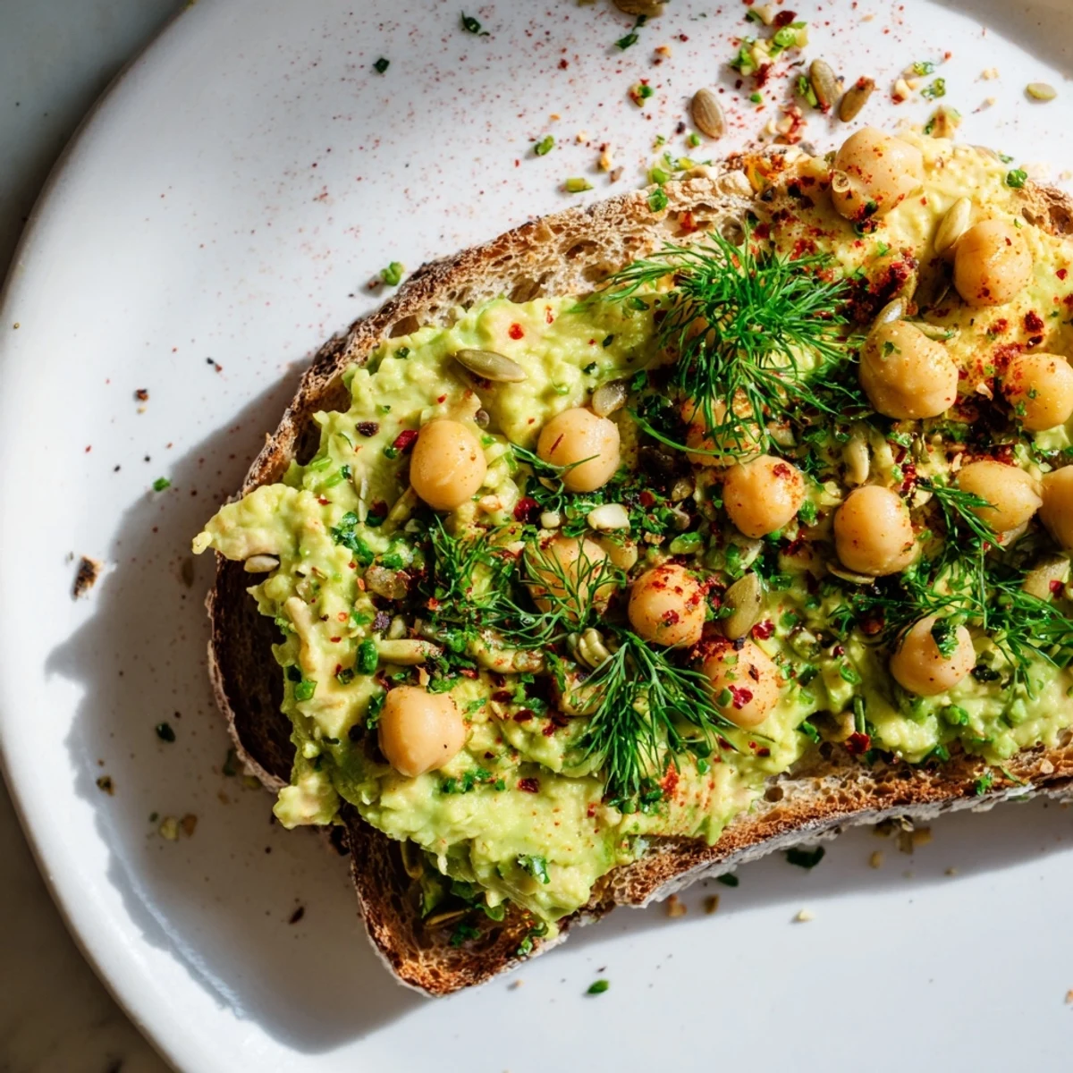 Close-up of toasted avocado toast with chickpeas; a colorful, vegan dish with fresh herbs.