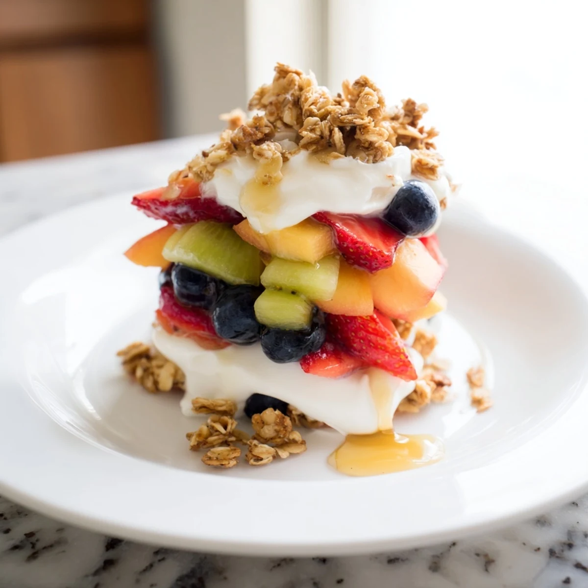 Creamy Yogurt Parfait with colorful layers of fresh fruit, and crunchy granola for a quick breakfast.
