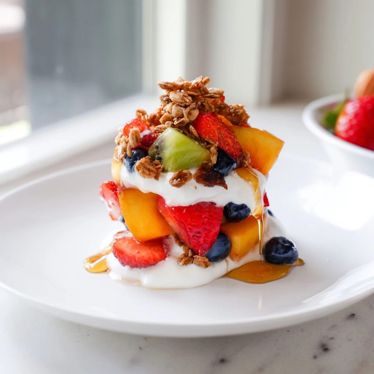 Enjoy a layered Yogurt Parfait with berries, peaches, and granola—a refreshing breakfast or light snack.