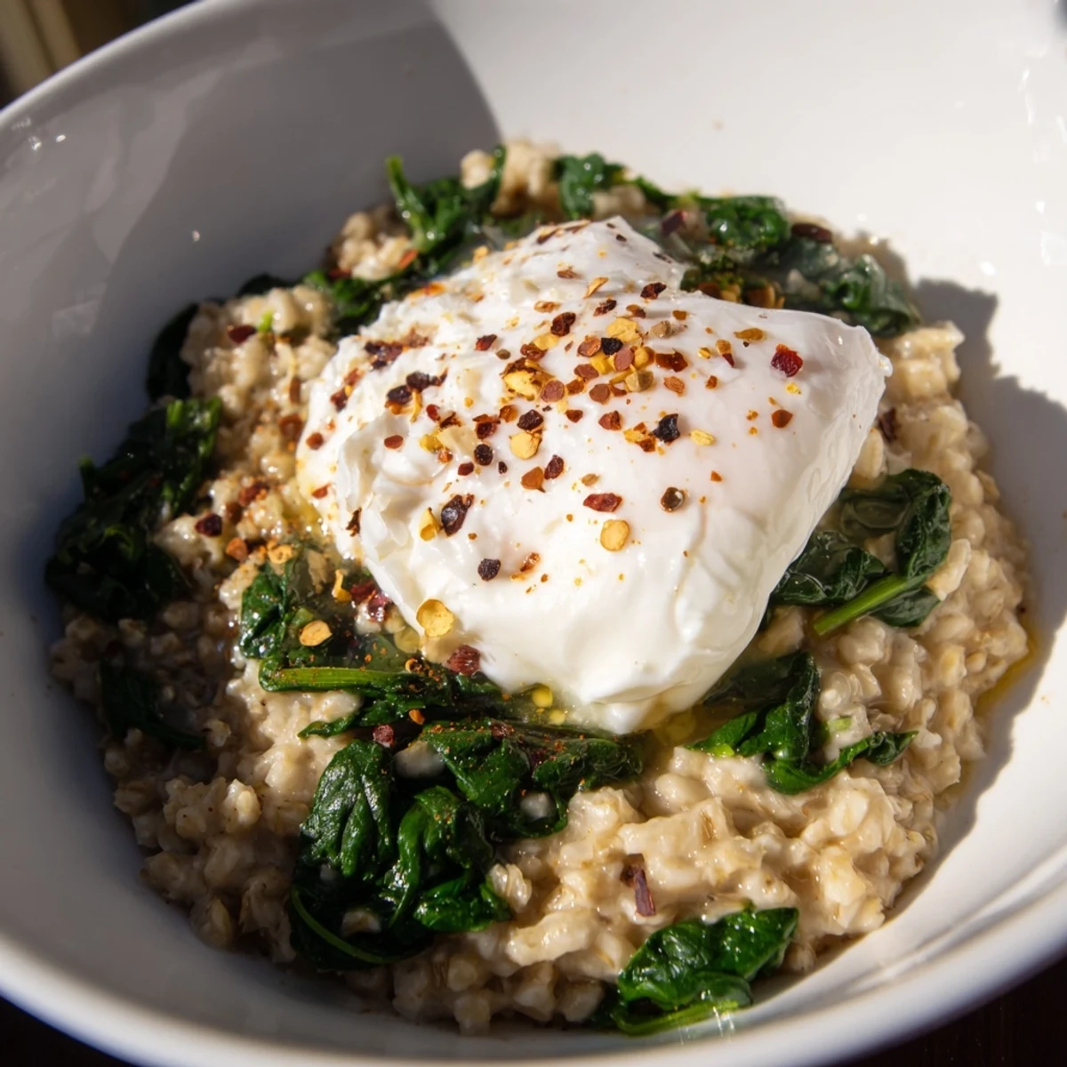 Savoury oatmeal with a poached egg glistens, with vibrant spinach providing a colorful, healthy breakfast.