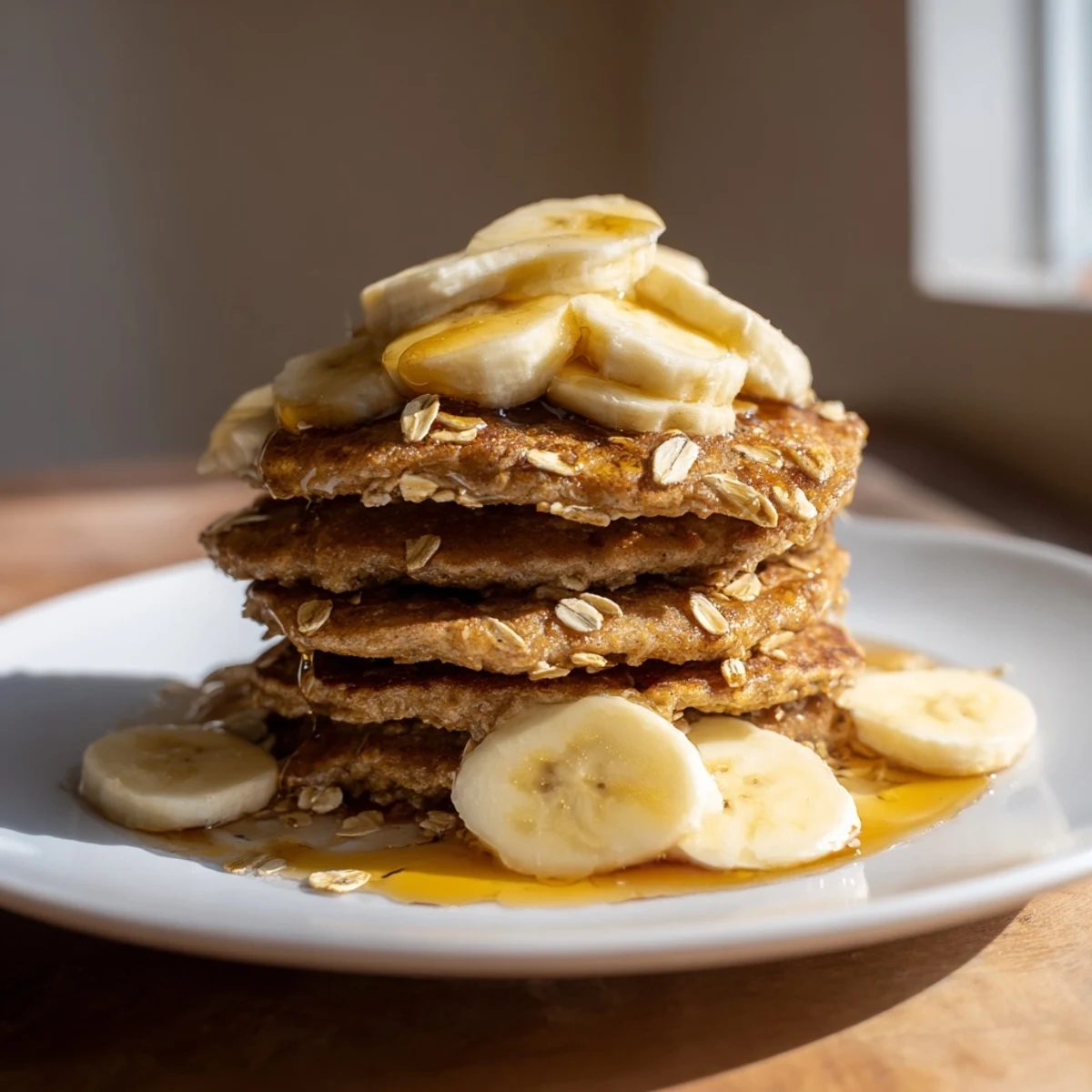 Golden, fluffy banana oat pancakes stacked high, drizzled with sweet maple syrup for a delicious breakfast.