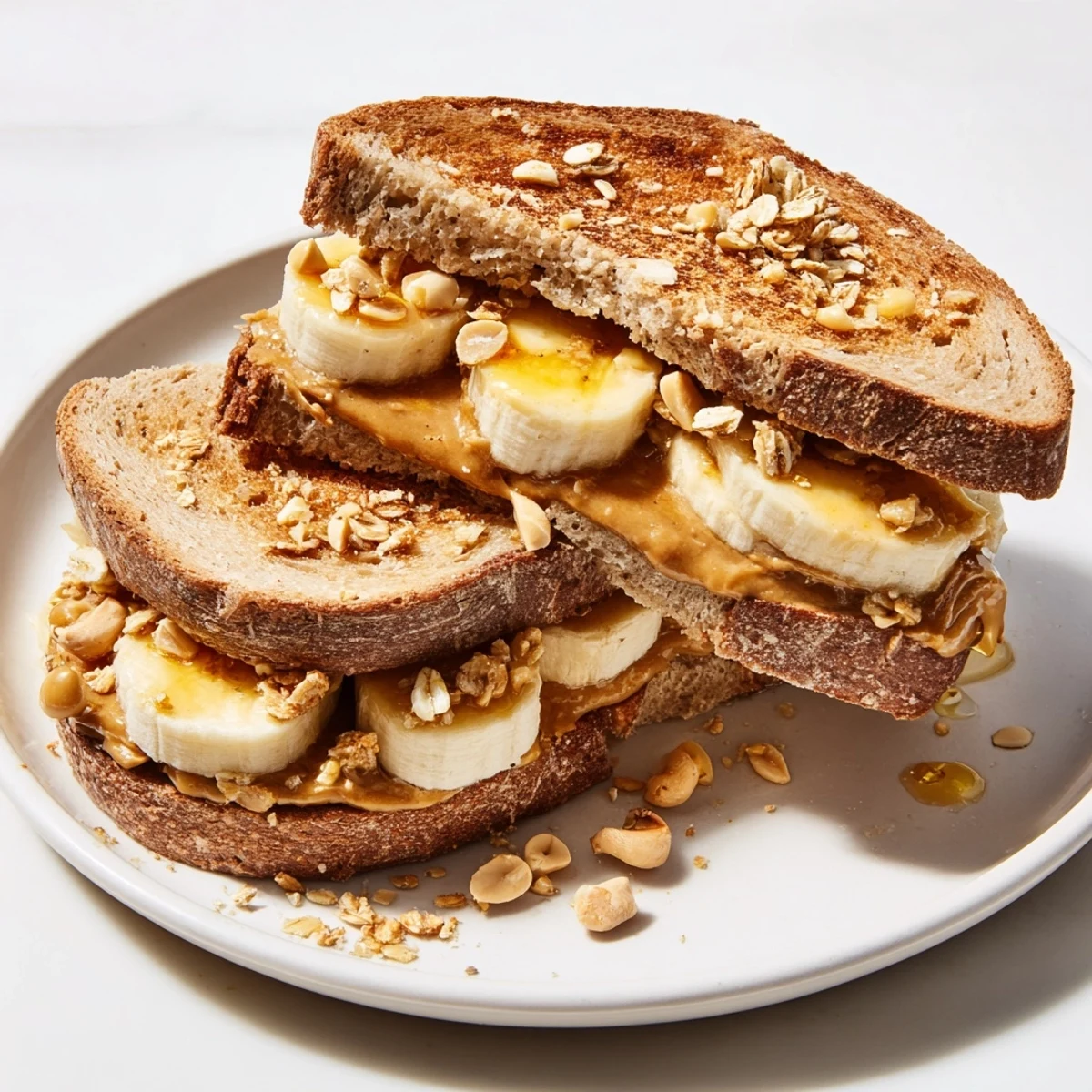 A close-up of a loaded Peanut Butter & Banana Sandwich upgrade with perfect banana slices and crunchy toppings.