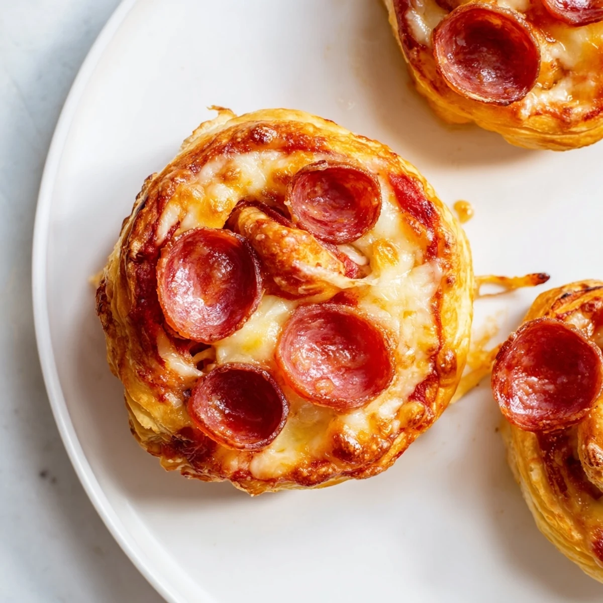 Close-up of baked Mini Pepperoni Pizza Pinwheels showcasing melted cheese and savory pepperoni.