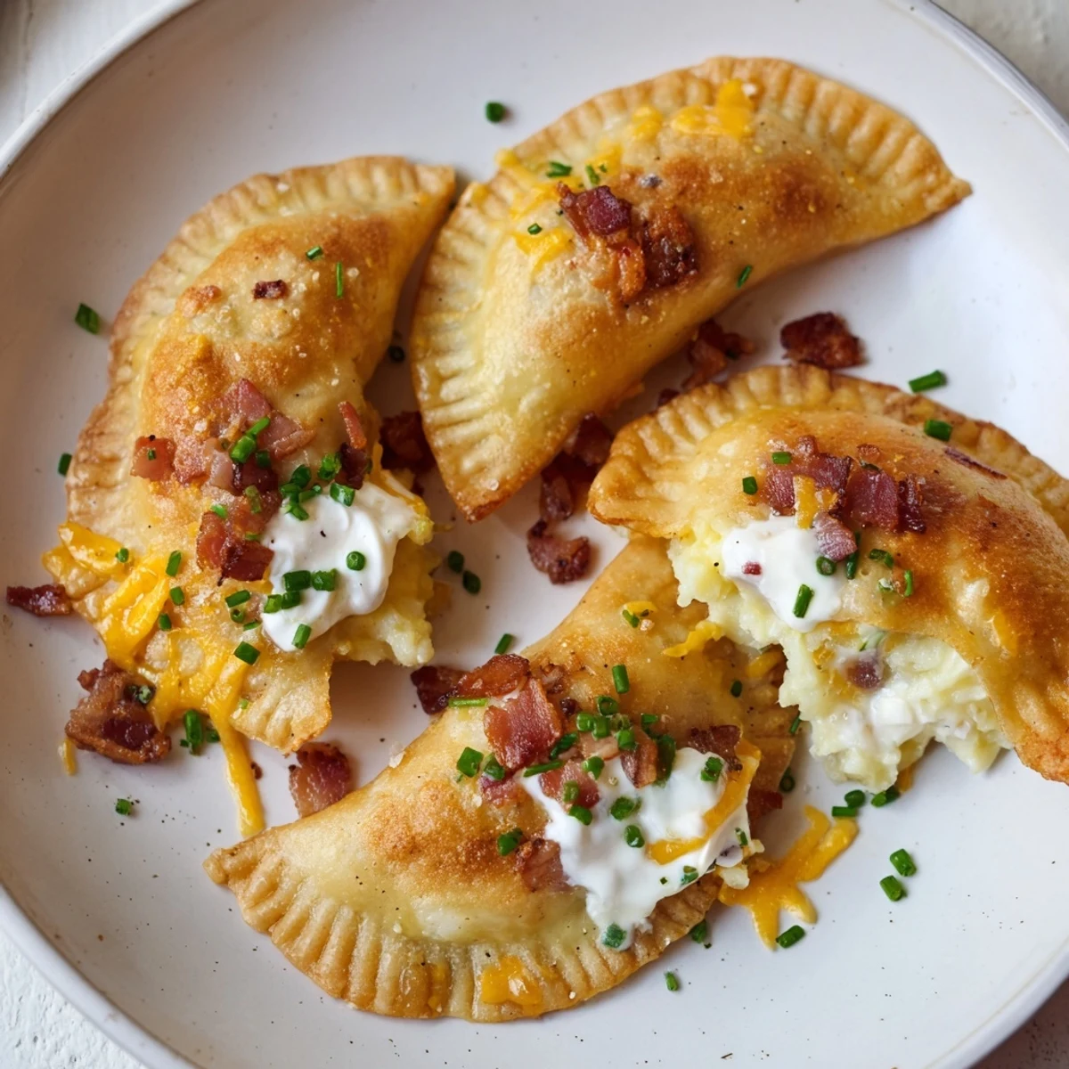 Steaming plate of Loaded Baked Potato Soup Dumplings, showcasing fluffy potato filling and golden dough.