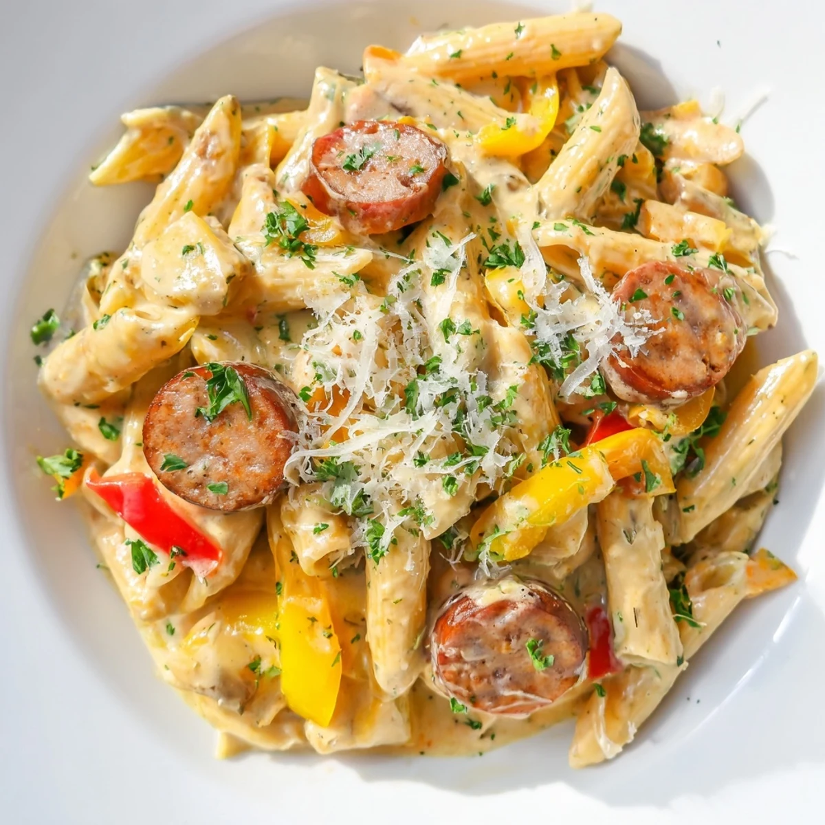 Imagine the rich, spicy aroma of this Cajun Spiced Smoked Sausage Alfredo, a satisfying dinner.