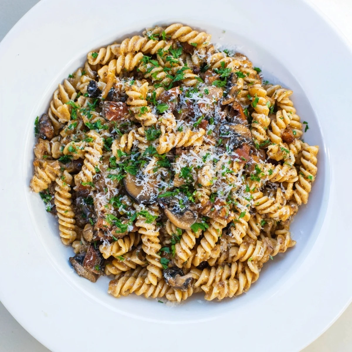 Fusilli with Bacon Mushrooms Onions