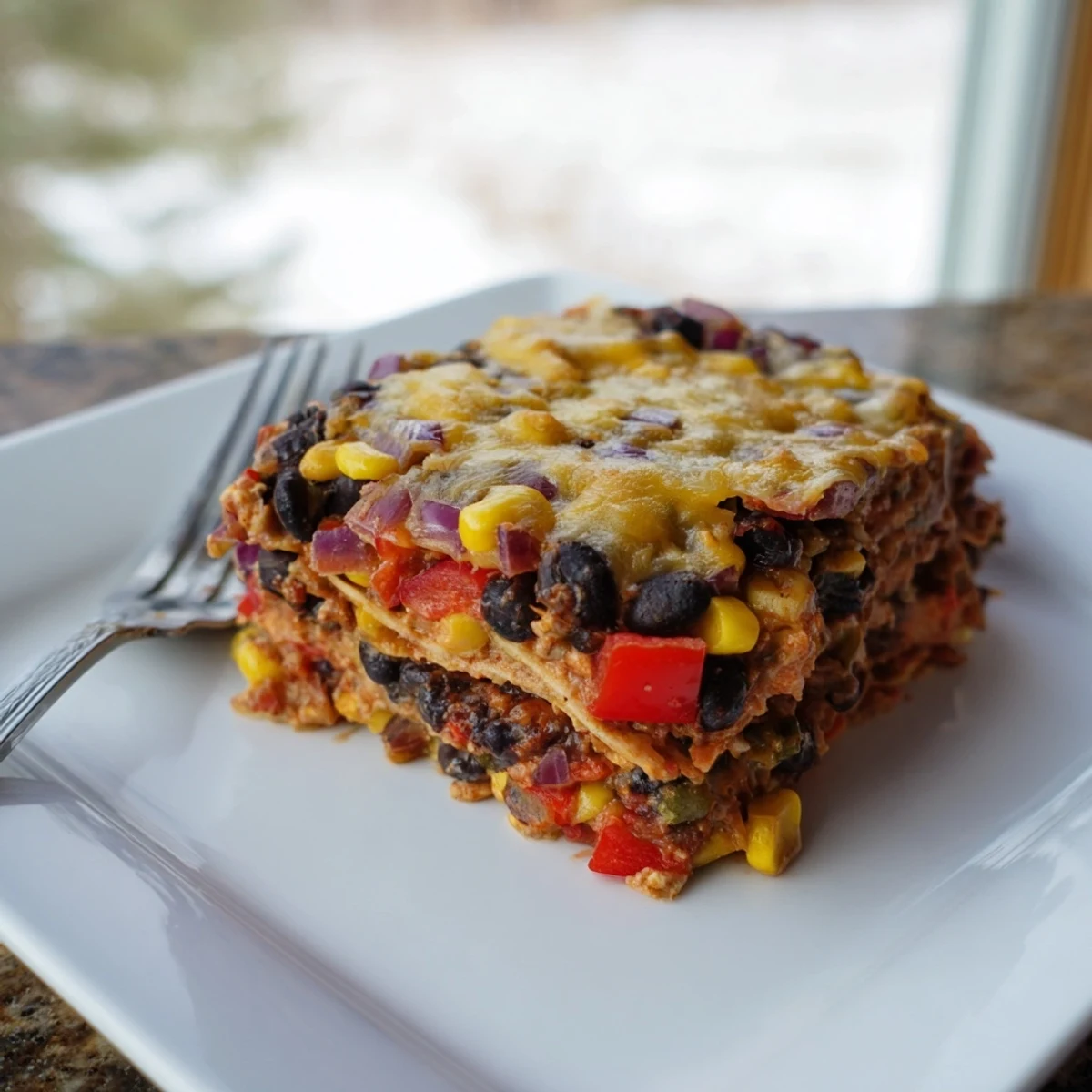 Warm and flavorful Quick Black Bean and Corn Tortilla Casserole, a cozy, easy weeknight meal.