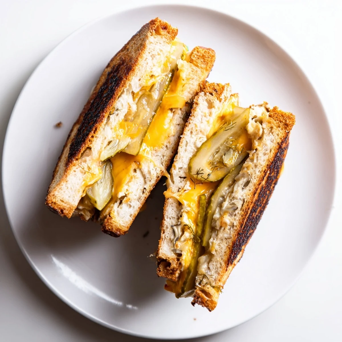 Close-up of a perfectly grilled Gooey Pickle Grilled Cheese with melted cheese and visible pickle slices.