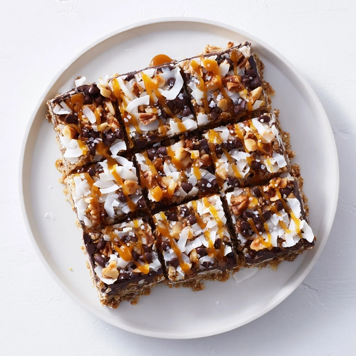 Golden-brown 7-Layer Magic Bars with sea salt caramel drizzle; a decadent treat awaiting.