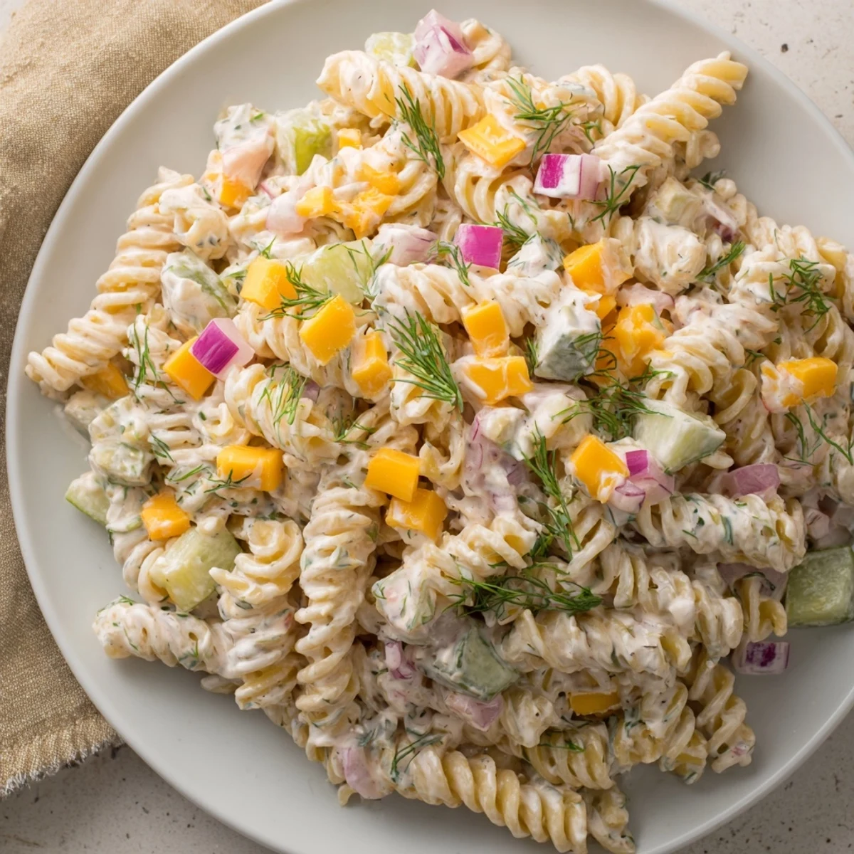 This Dill Pickle Pasta Salad features a mix of cheddar, vegetables, and creamy dressing, so refreshing.