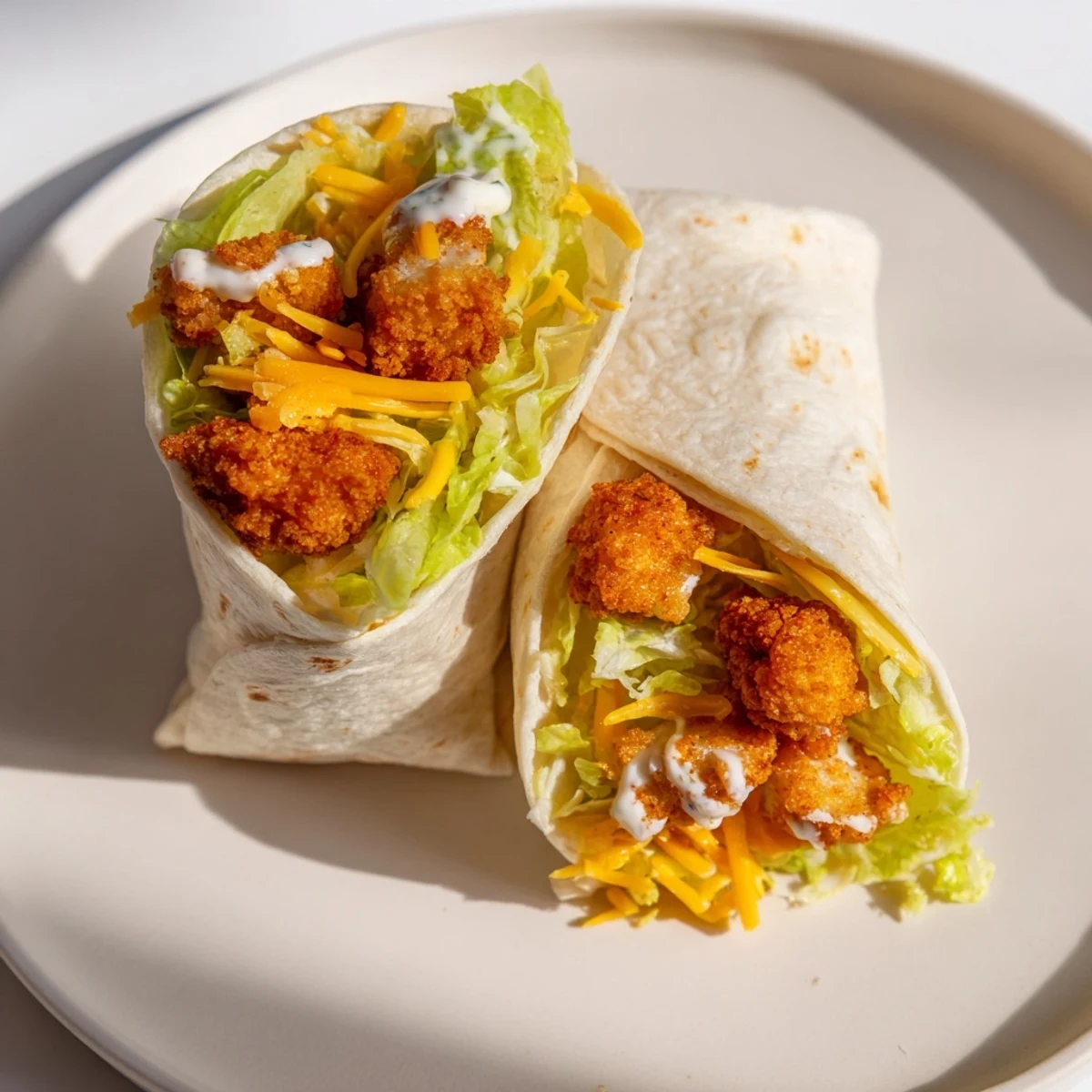 Golden-brown Crispy Chicken Ranch Snack Wraps, filled with cheddar, lettuce, and creamy ranch, ready to eat!