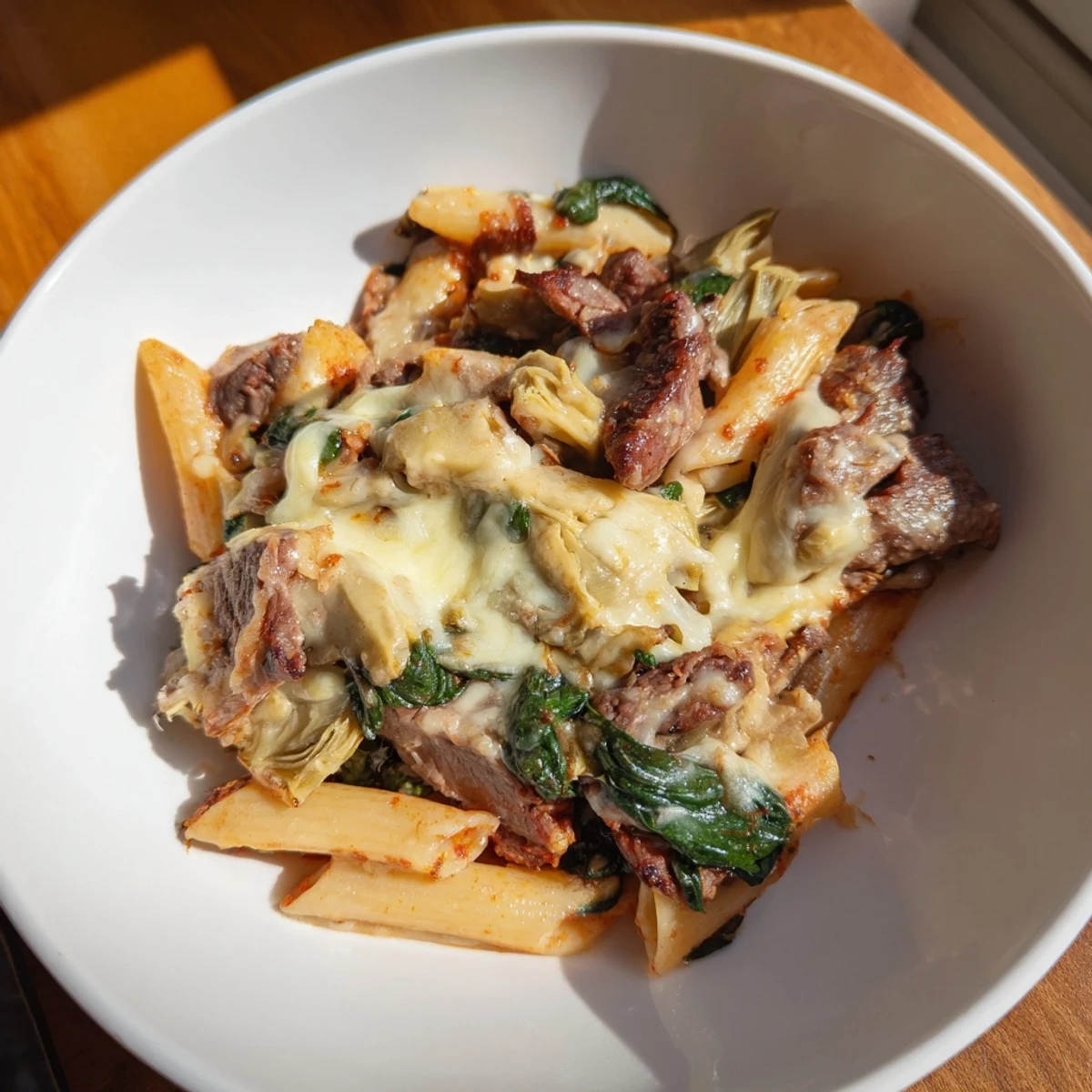 Steaming golden Steak & Spinach Artichoke Pasta Bake; imagine tender steak and bubbly cheese on top.