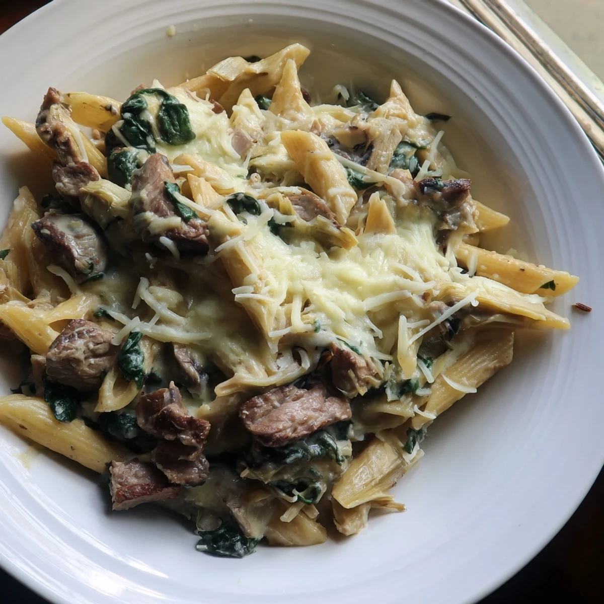 A close-up of delicious Steak & Spinach Artichoke Pasta Bake, layered with creamy sauce and spinach.