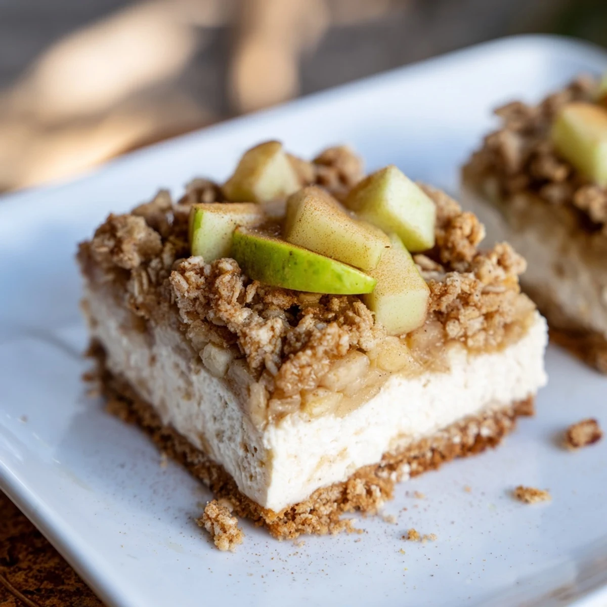 Golden, crumb-topped Apple Crisp Cheesecake Bars offer a delightful mix of creamy, fruity, and spiced textures.
