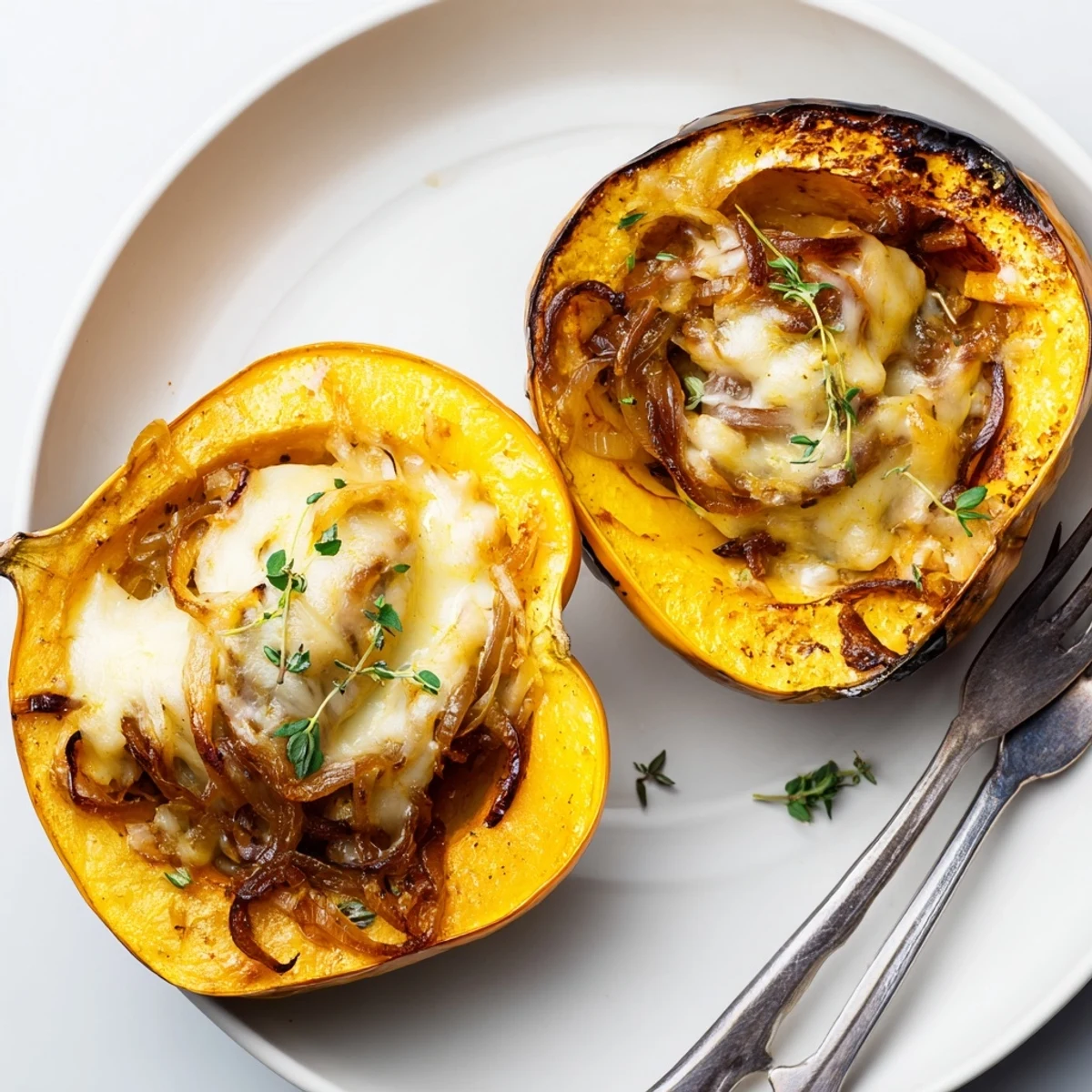 Roasted Caramelized Onion Gruyere Acorn Squash, a close-up of cheesy, golden squash halves brimming with onions.