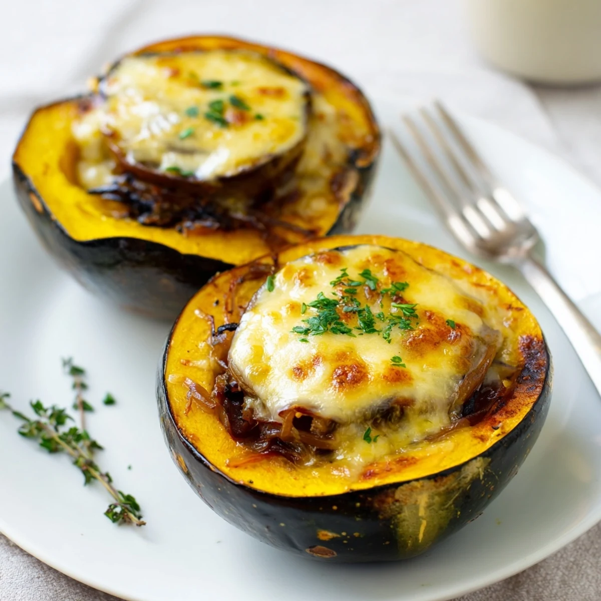 Savory Caramelized Onion Gruyere Squash: fork-tender, glistening squash stuffed with melted cheese, perfect autumn vegetarian recipe.