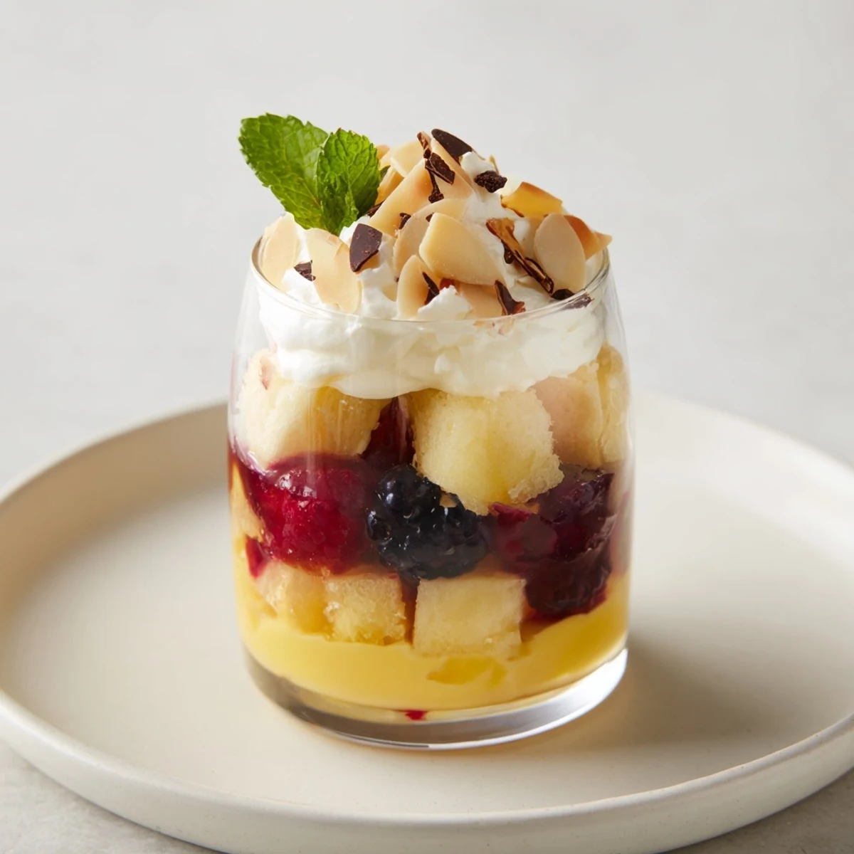 Individual cups of Simplified Christmas Trifle beckon, displaying colorful layers of cake, fruit, and dessert cream.