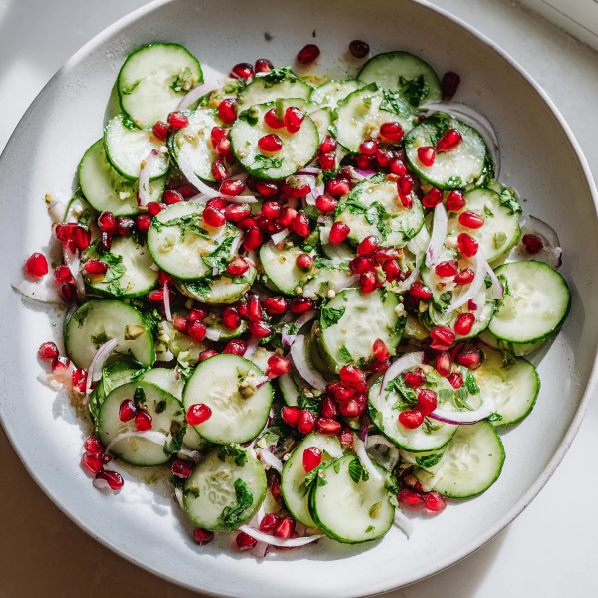 Brightly colored Healthy Cucumber Christmas Salad, a festive mix with tangy dressing, ready to enjoy at any holiday party.