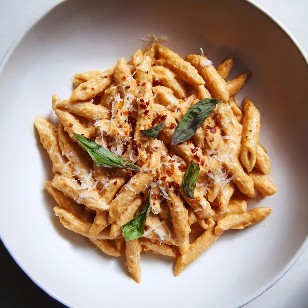 This beautiful photo shows a bowl of fresh, steaming 15-Minute Creamy Red Pepper Pasta, perfect for dinner.