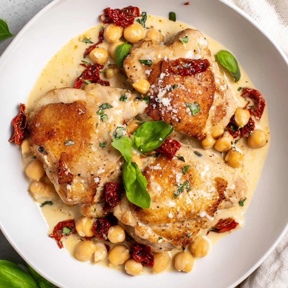 Creamy High-Protein Marry Me Chicken and Chickpeas, showing tender chicken with chickpeas, ready to devour.