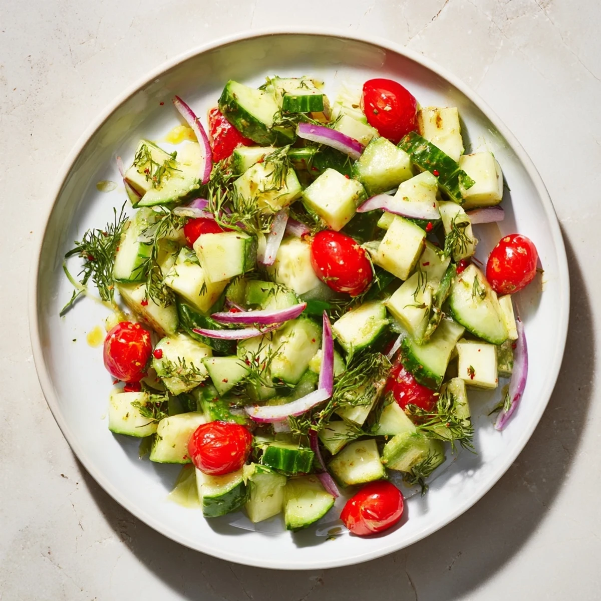 Simple Cucumber and Dill Chopped Salad: The vibrant colors of cucumbers, dill, and tomatoes mixed in a zesty dressing.
