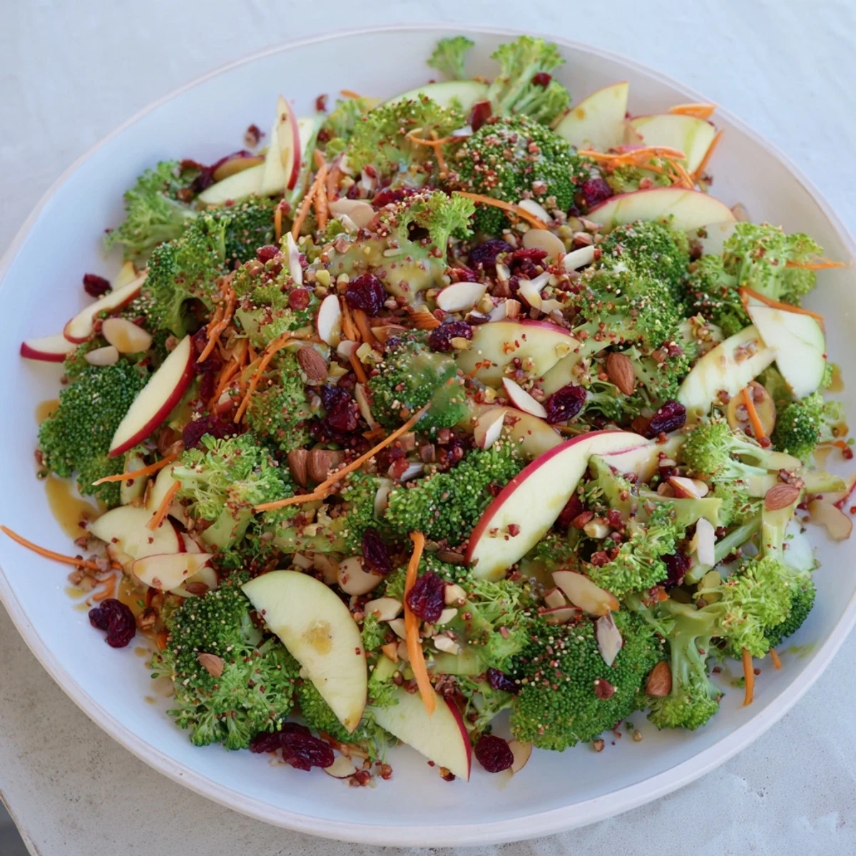 Fresh Broccoli and Apple Hot Girl Salad, with bright green broccoli florets and crisp apple slices.