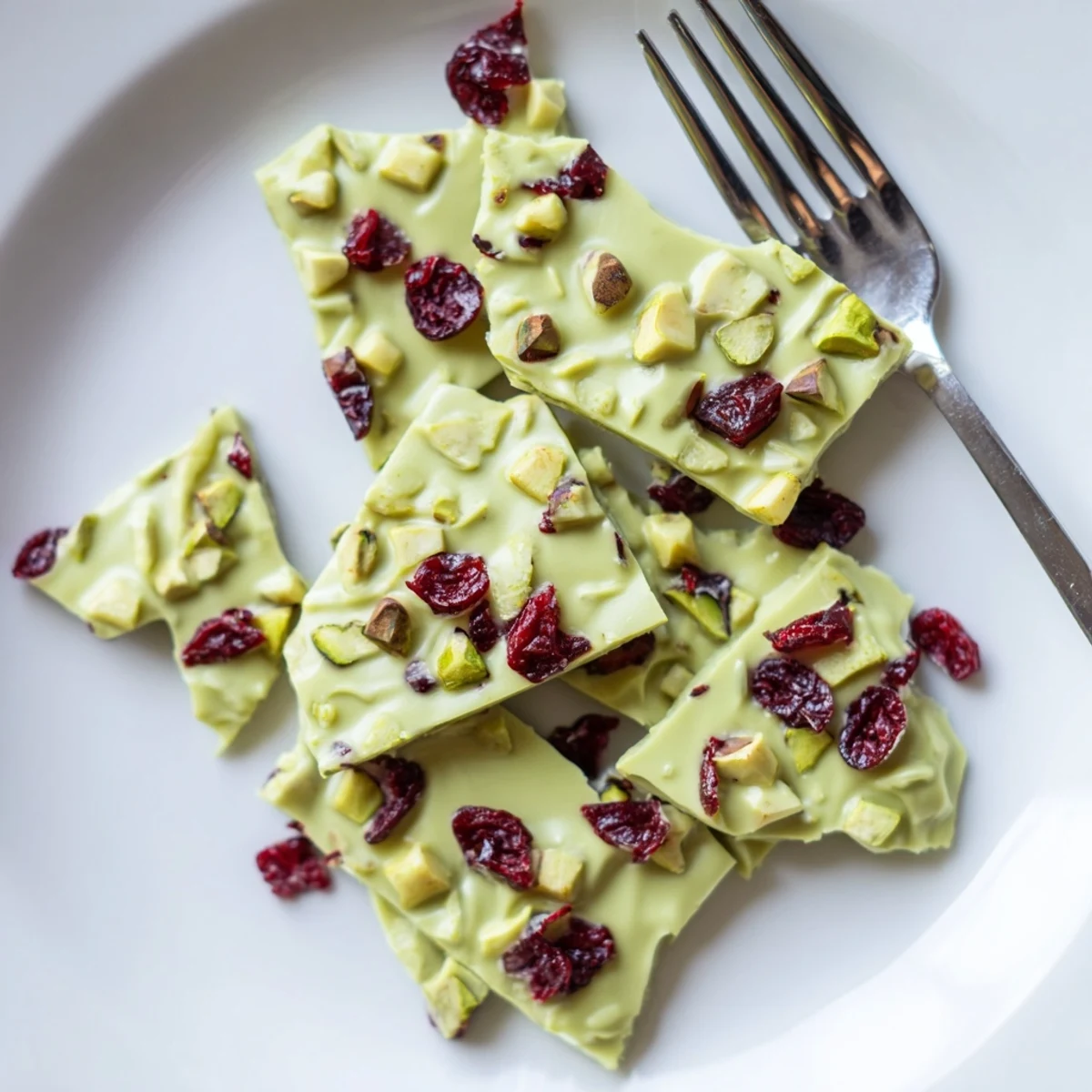 These Matcha White Chocolate Cranberry Bark Clusters have a beautiful texture, perfect for a sweet and tangy bite.