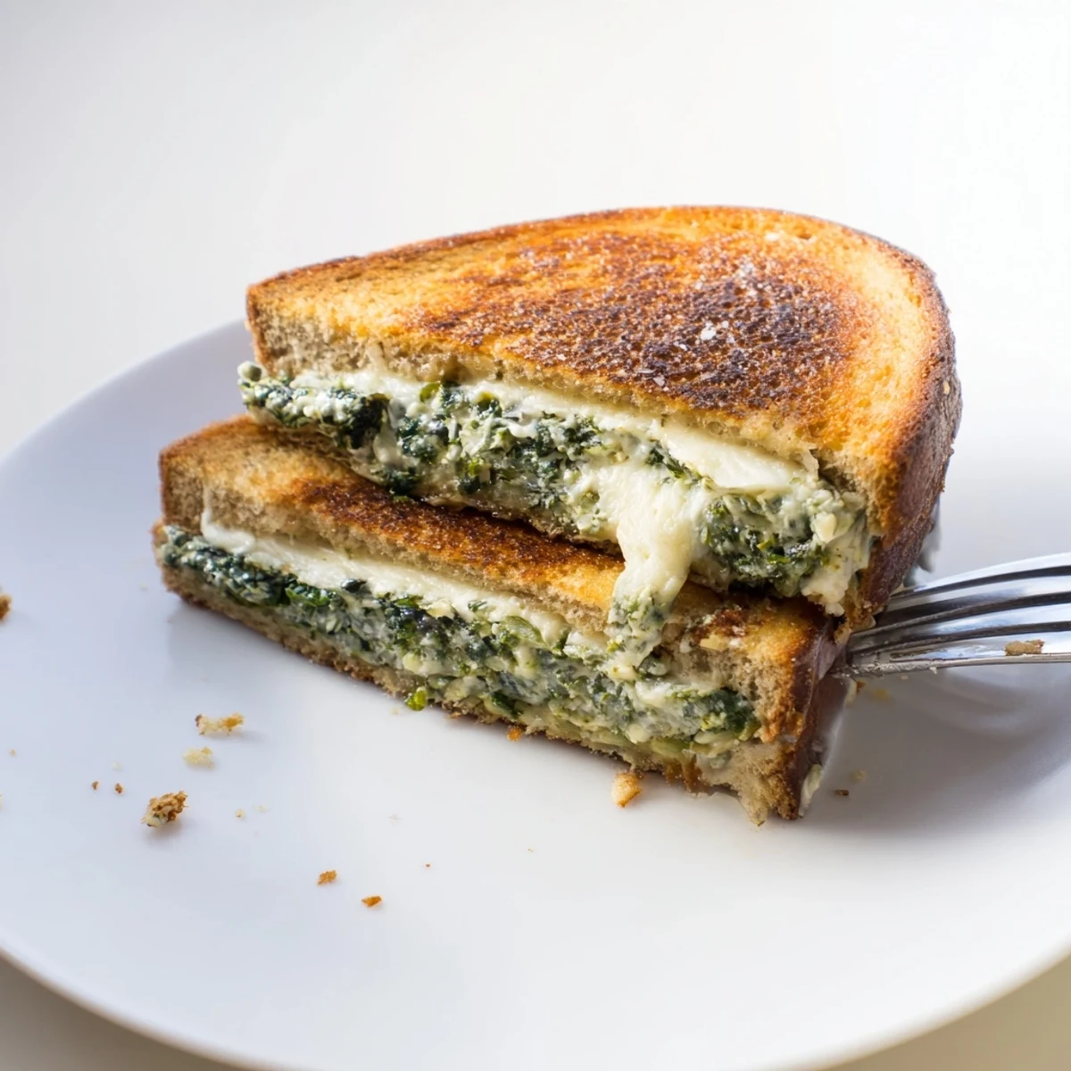Close-up of a perfectly grilled Sourdough Spinach Artichoke Dip Grilled Cheese sandwich, served warm and inviting.