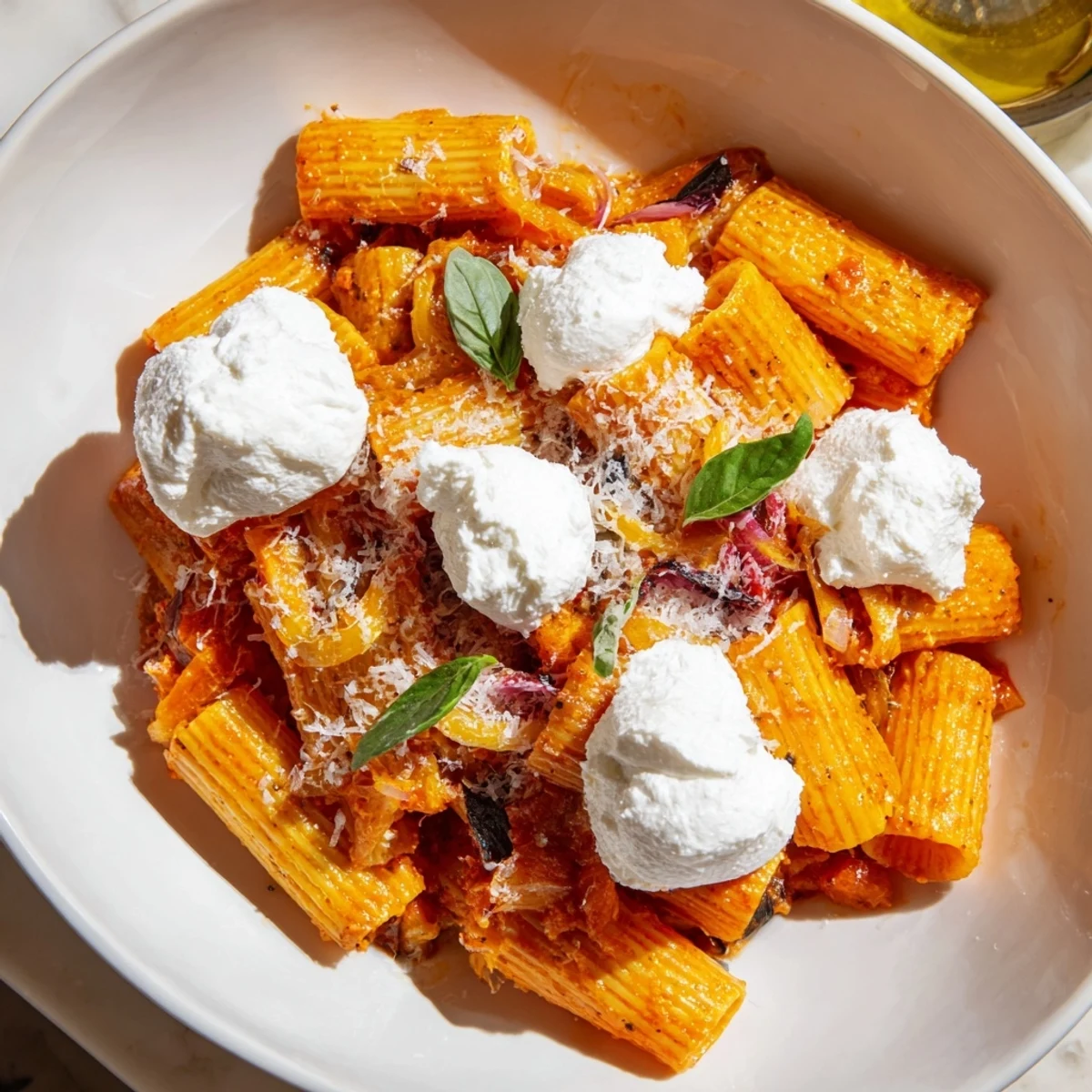 Vibrant photo of Creamy Roasted Red Pepper Santa Hat Pasta, topped with creamy ricotta Santa hats.