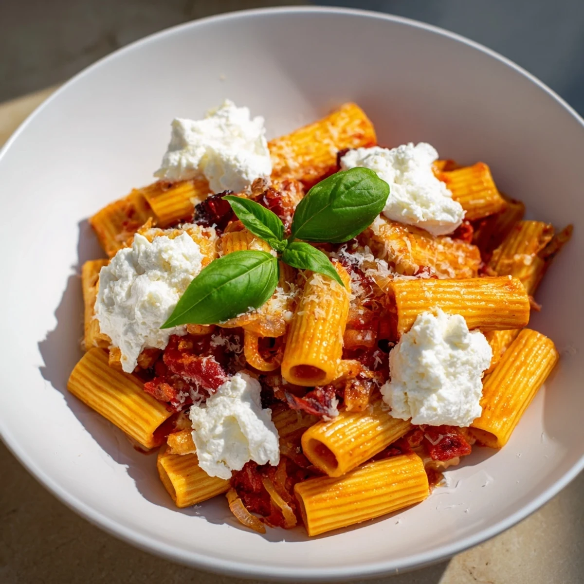 Close-up of a festive Creamy Roasted Red Pepper Santa Hat Pasta, ready for a winter holiday meal.