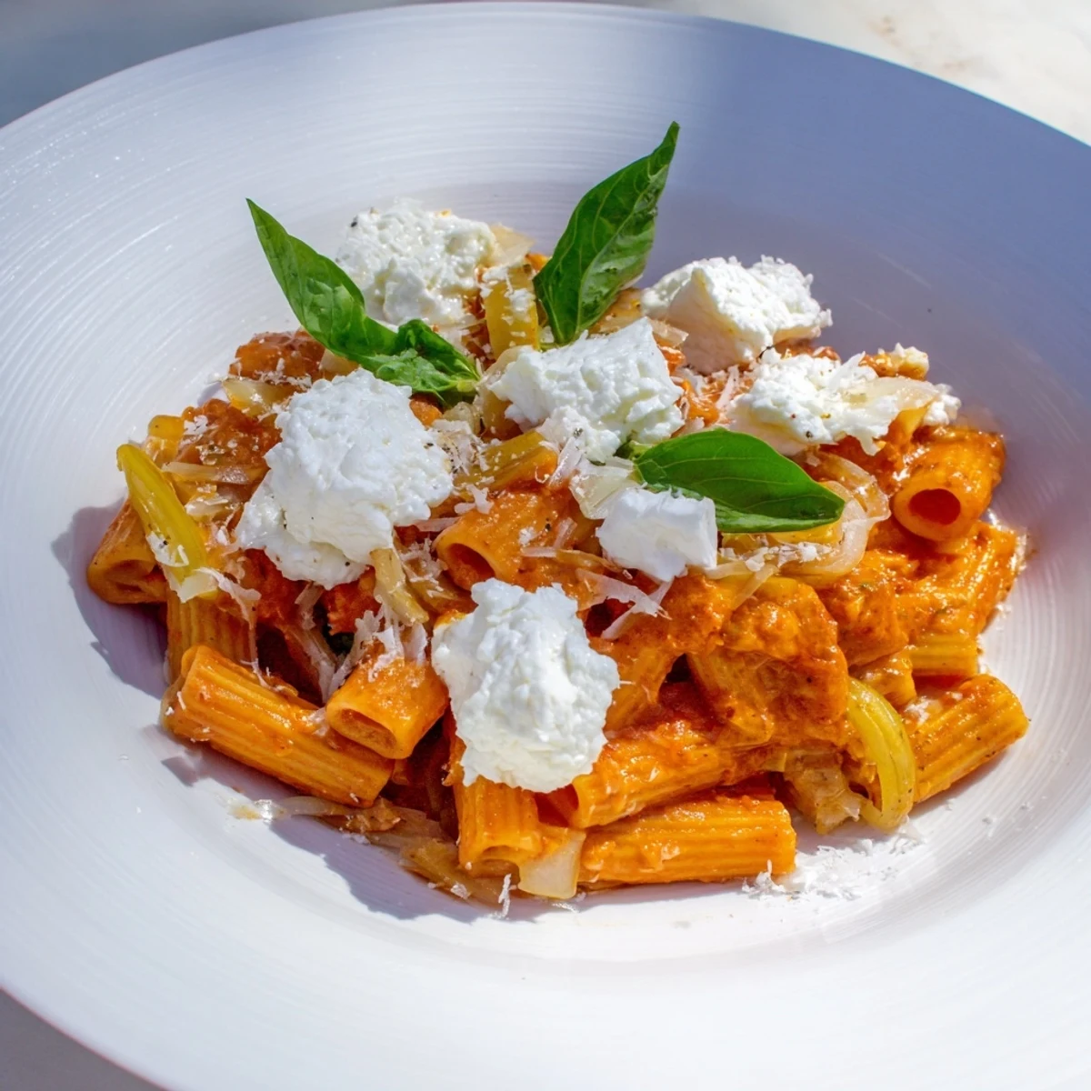 Delicious Creamy Roasted Red Pepper Santa Hat Pasta, a vegetarian delight, garnished with fresh basil.