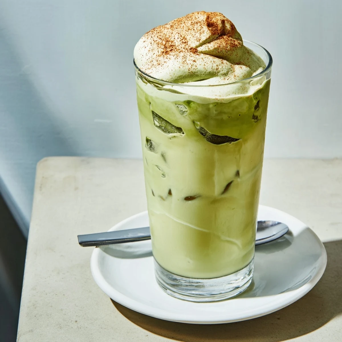 Refreshing Cinnamon Roll Iced Matcha: a layered beverage of green tea, cinnamon, and fluffy protein foam.