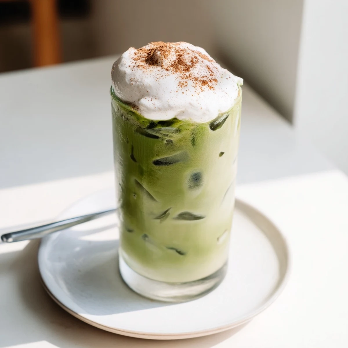 A creamy, protein-packed Cinnamon Roll Iced Matcha swirled with green tea and decadent sweet foam.