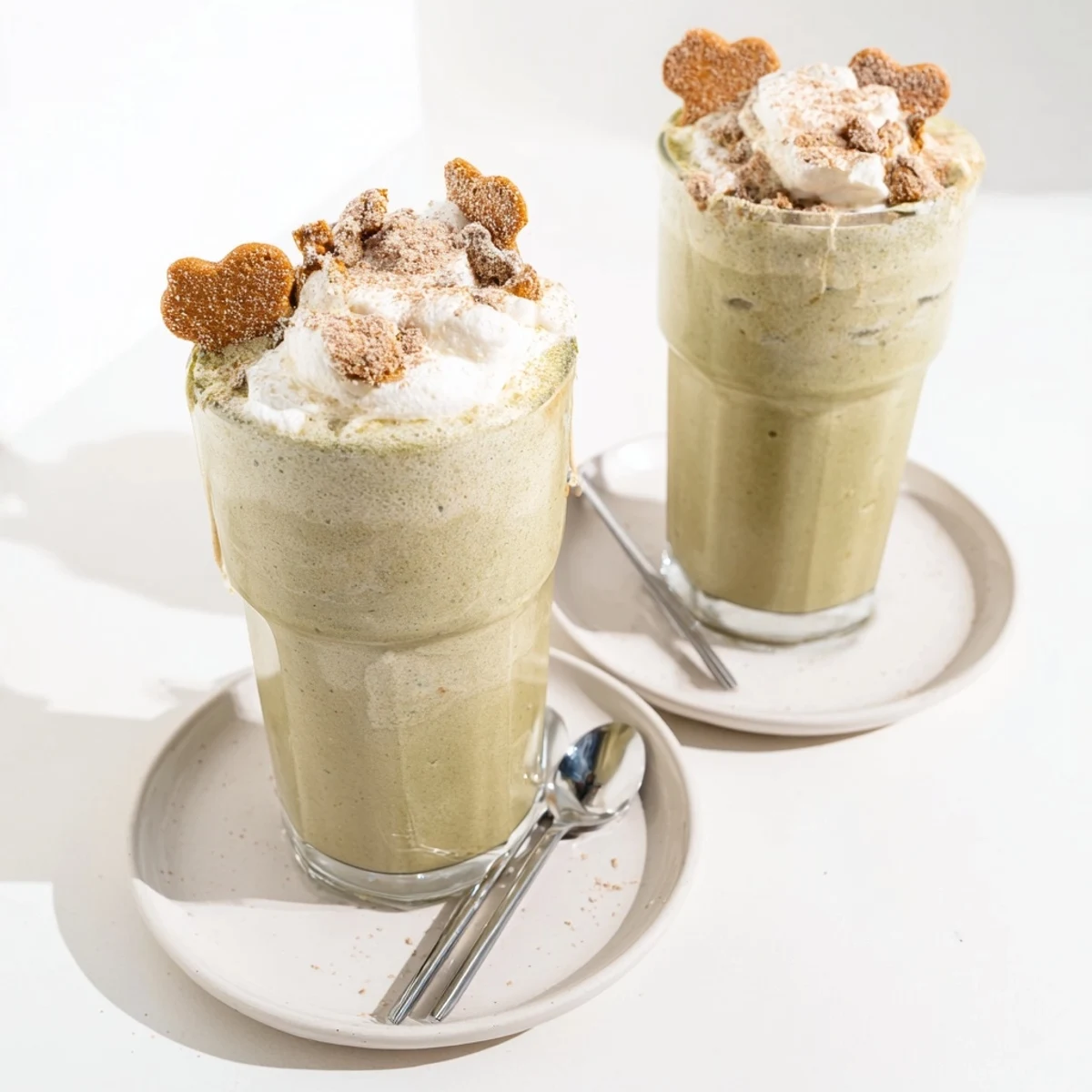 Sugar-Free Gingerbread Cookie Matcha Frappe, a green and creamy beverage, garnished with whipped cream.