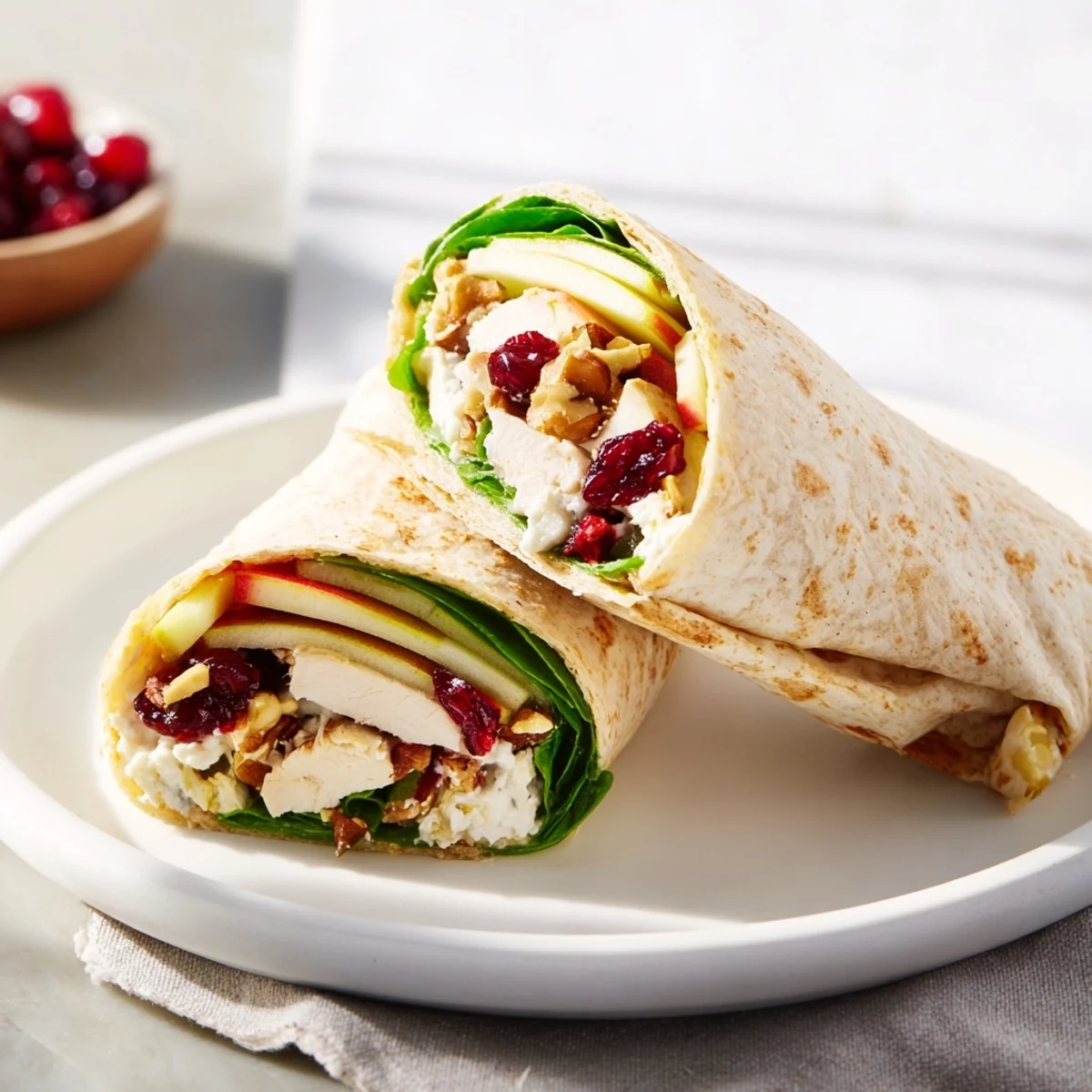 Vibrant Cranberry Goat Cheese & Walnut Wraps piled high with greens and nuts, ready for a satisfying, savory bite.