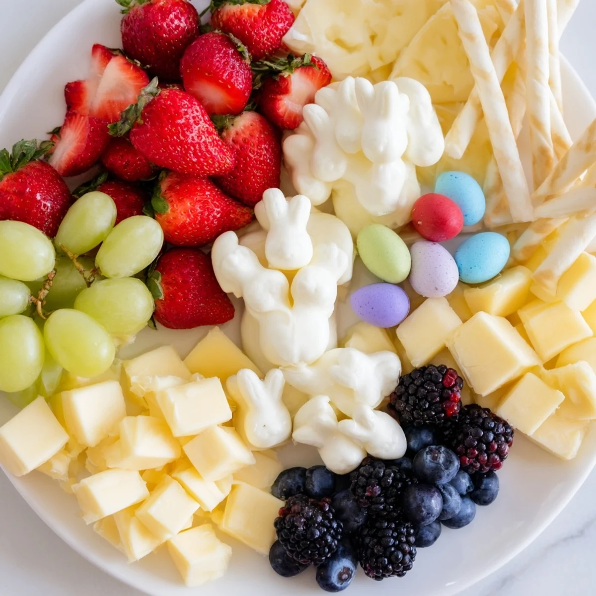 Bunny Ears Easter Board bursting with vibrant fruits, cheeses, and treats is perfect for sharing.
