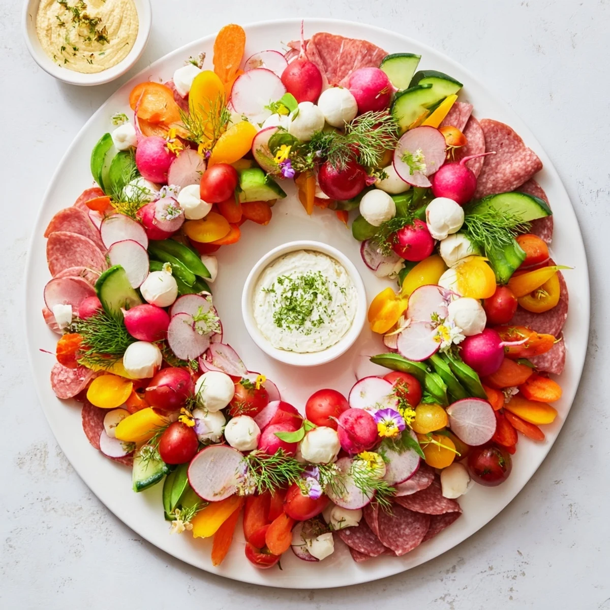 Spring Wreath Appetizer Platter arranged with fresh veggies, cheeses, and herbs, perfect for a gathering.