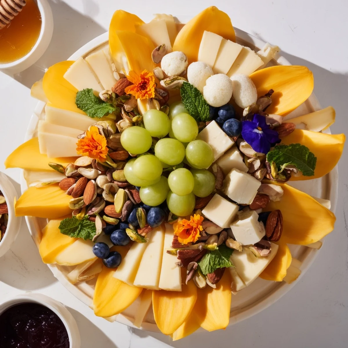 Close-up of Daffodil Cheese Board, brimming with colorful cheeses, fruits, and nuts, perfect for entertaining.