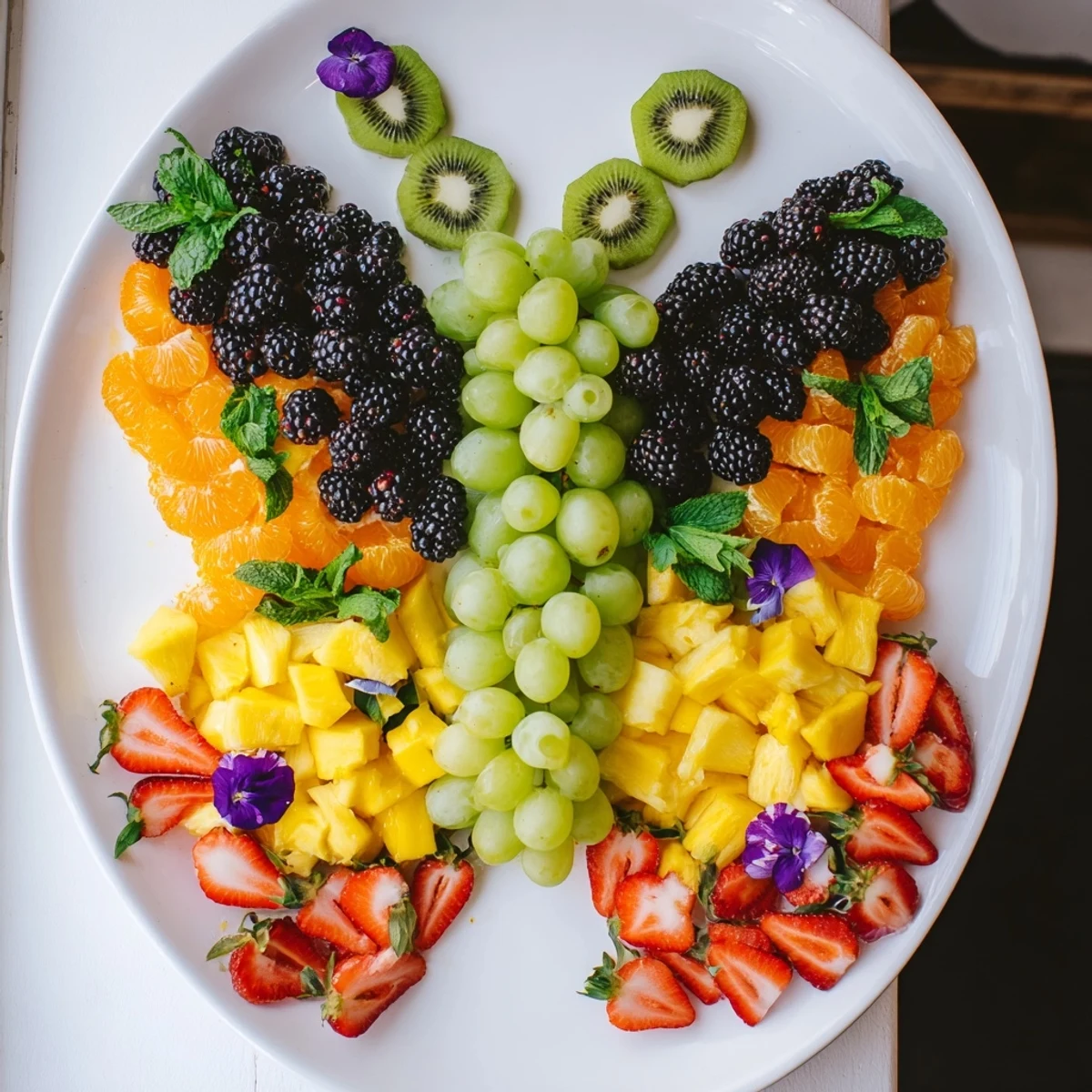 Butterfly Garden Fruit Board, a colorful, edible art platter with fresh fruit and edible flowers.