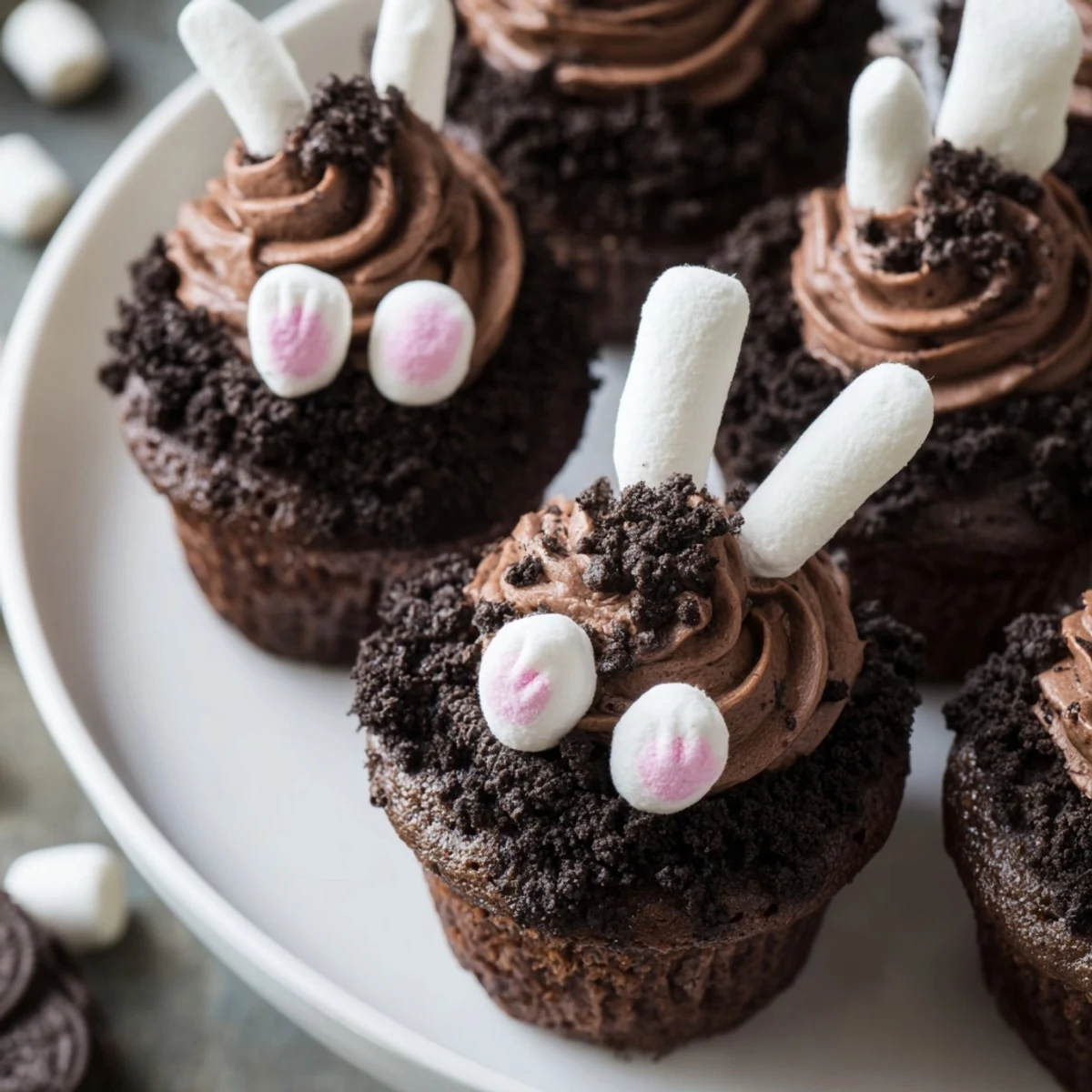 A delicious Bunny Burrow Cupcake Tray arrangement of chocolate cupcakes decorated for a fun Easter celebration.