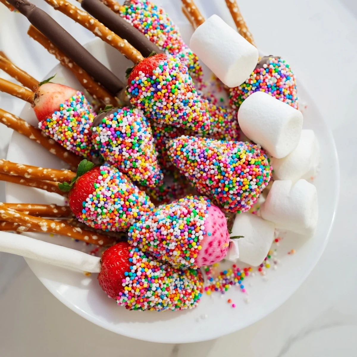 A delicious rainbow sprinkle party board showcases chocolate-covered pretzels, marshmallows, and donuts ready to eat.