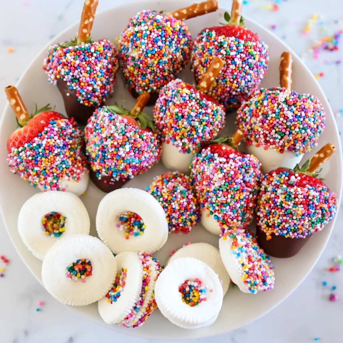 Vibrant rainbow sprinkle party board with dipped strawberries and colorful treats for a party.