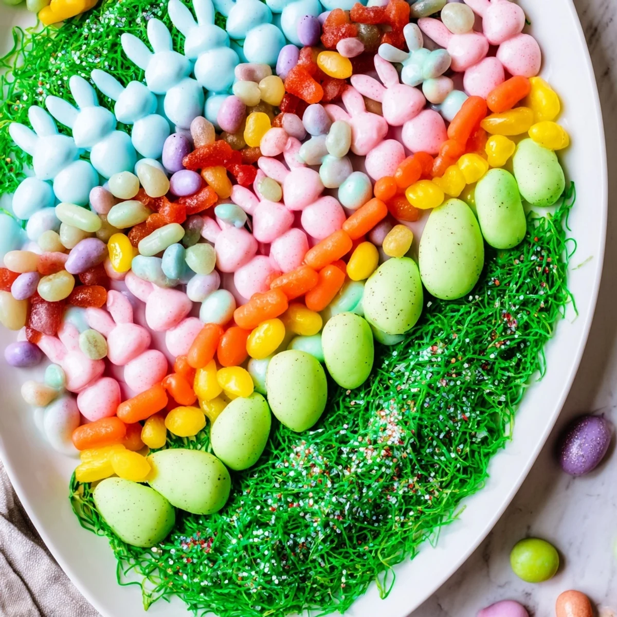 Colorful Egg-Shaped Candy Platter filled with assorted Easter candies, ready to enjoy.
